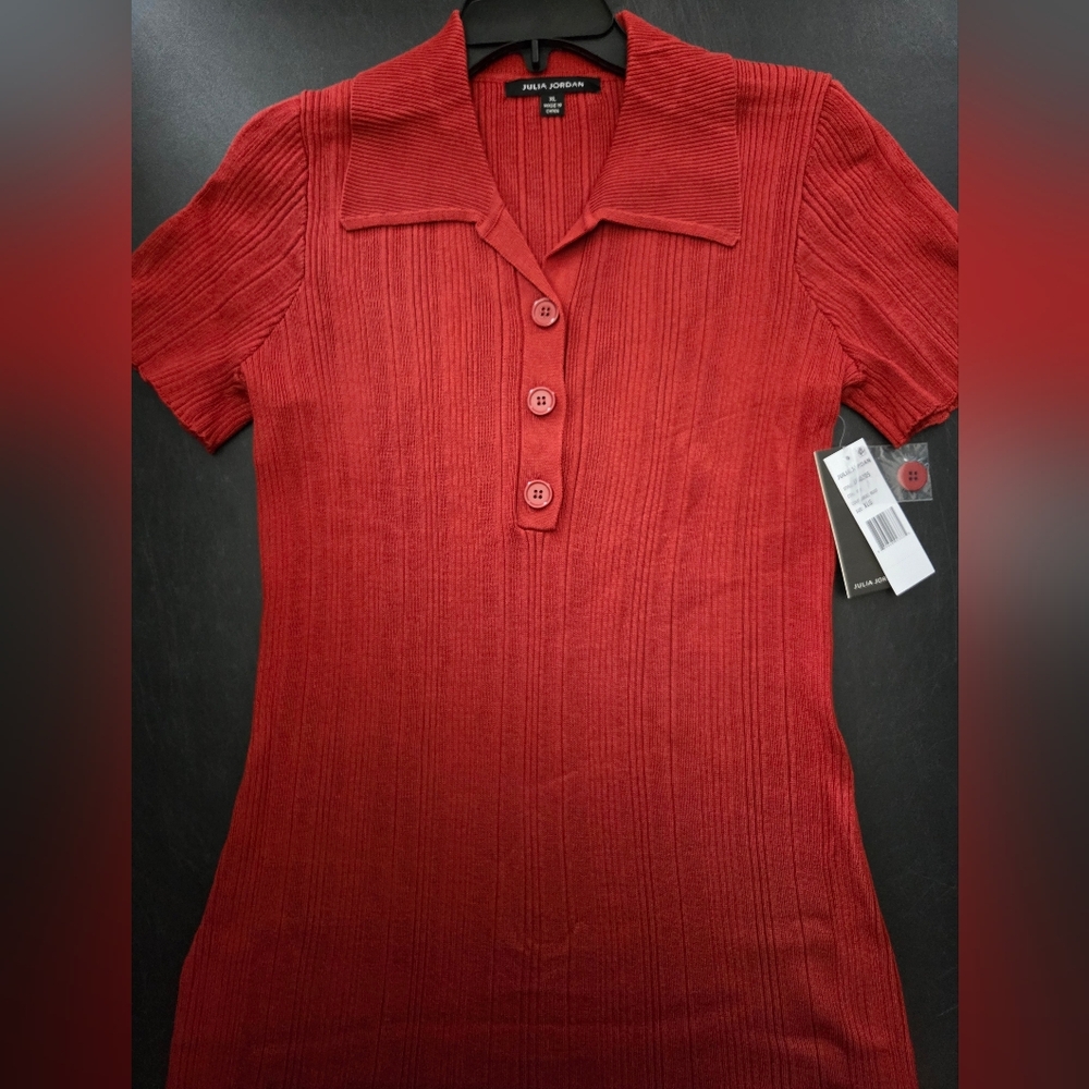 NWT - Julia Jordan Rust Ribbed Knit Collared Quarter Button Midi Dress - Size XL - Picture 5 of 9